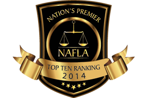 NAFLA Top Ten Ranking 2014 emblem featuring a scale of justice, gold and black colors, symbolizing legal excellence and recognition in the field of law.
