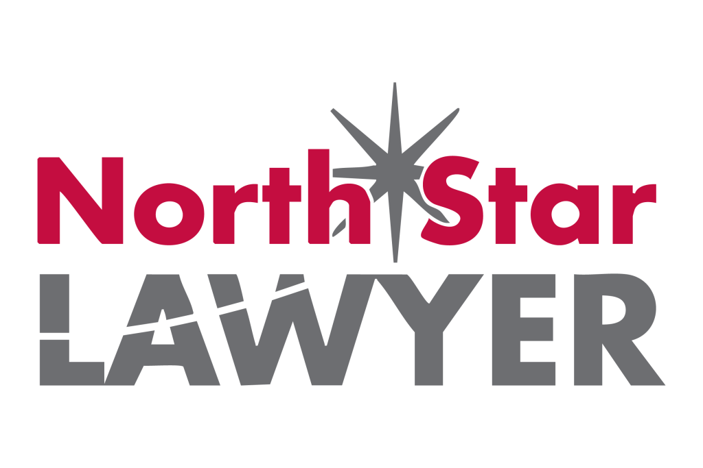 North Star Lawyer logo featuring bold red and gray text, emphasizing legal expertise and guidance in Minnesota.