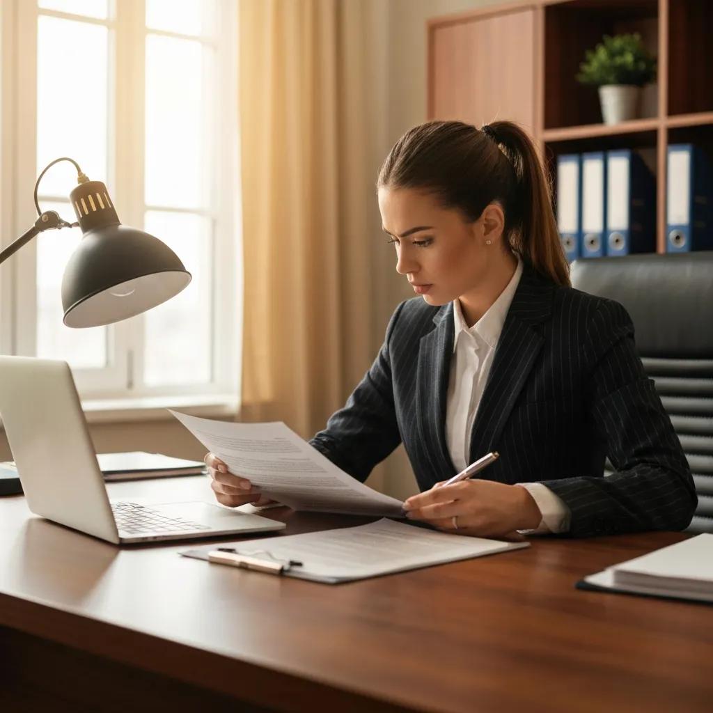 Lawyer reviewing case files representing legal defenses for prostitution and solicitation charges